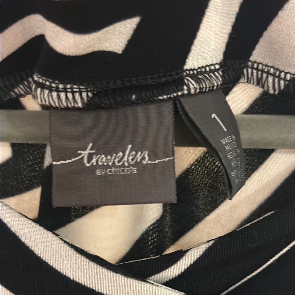 Chico's Travelers Black and White Striped 3/4 Sleeve Graphic Top - Picture 2 of 7